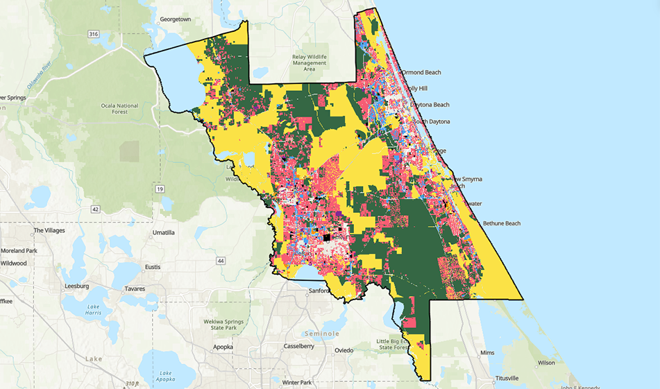 Map of Volusia County for land use purposes that provides a display of the types of current land uses at a county-wide level.