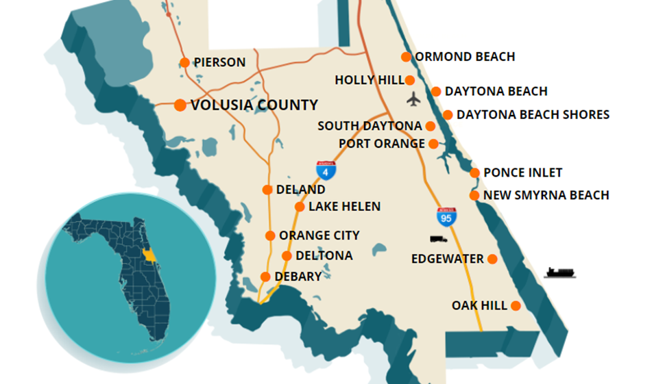 Map of Volusia County with all 16 municipalities pinned. Ormond Beach, Holly Hill, Daytona Beach, Daytona Beach Shores, South Daytona, Port Orange, Ponce Inlet, New Smyrna Beach, Edgewater, Oak Hill, Pierson, DeLand, Lake Helen, Orange City, Debary, Deltona. An inset map of Florida highlights where Volusia County is located.